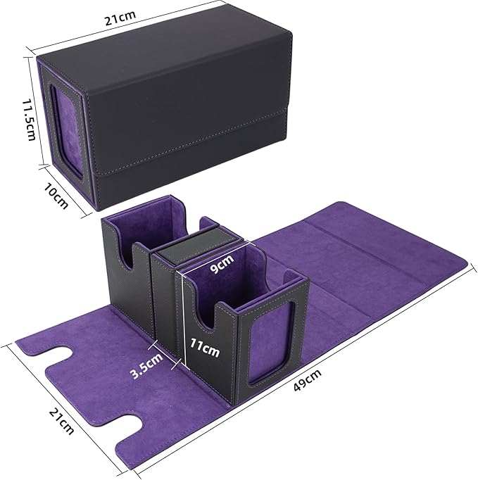 AFIING MTG Commander Card Storage Box - Fits 200 Double Sleeved Cards,3-in-1Card Deck Case,Strong Magnet Card Organizer For Magic Commander TCG CCG,4Dividers &2 Toploaders, Black/Purple