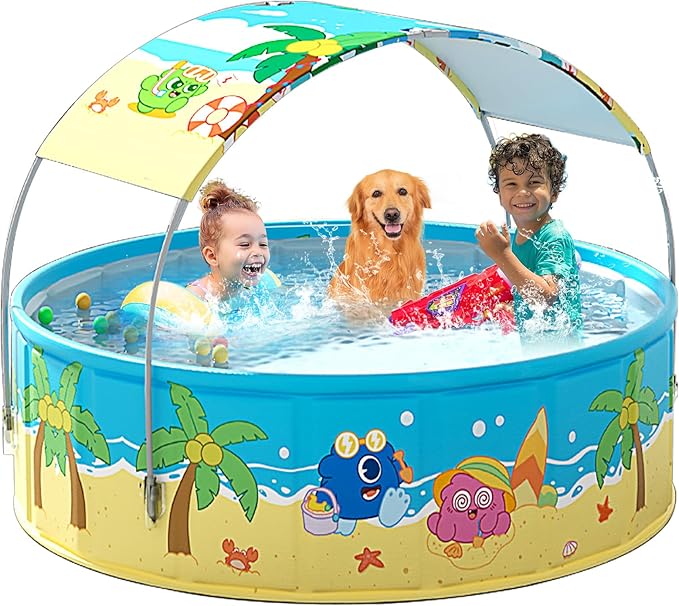 Foldable Swimming Pool with Canopy for Kids 63"x18" Hard Plastic Portable Dog Pool Anti-Slip Collapsible Pets Bathtub Kiddie Pool Indoor Outdoor Backyard (JellieMons 63'')