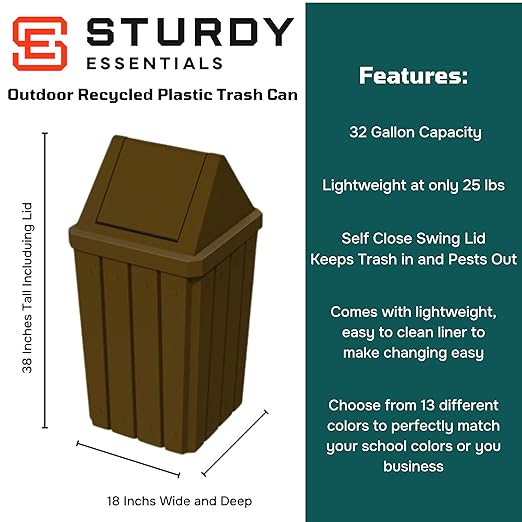 32 Gallon Square Slatted 100% Recycled Plastic Heavy Duty Outdoor Commercial Trash Can with Swing Top Lid | Great for Schools and Businesses - Brown Granite