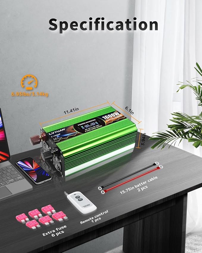 1600W Pure Sine Wave Power Inverters, LVYUAN 3000W Peak Power 12V DC to AC 120V Converter for Vehicle, RV, Off-Grid Solar, Remote Control 4 AC Outlets, 4 USB Ports Inverter with LCD Display