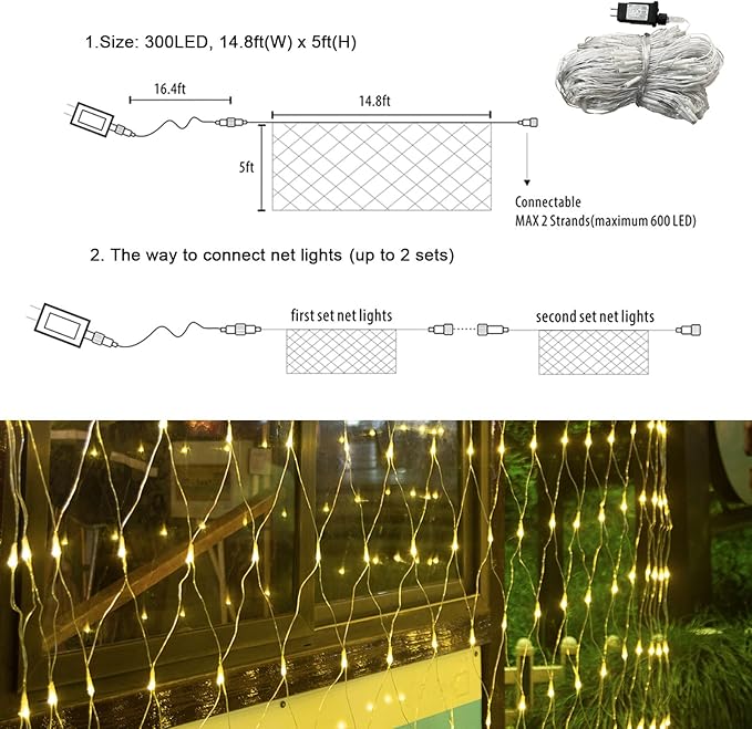 300 LED Net Lights, 14.8ft x 5ft 8 Modes Christmas Outdoor Mesh Lights Connectable, Waterproof Decorative String Lights Plug in for Bushes Xmas Tree Garden Wedding Party (Clear Wire, Warm White)