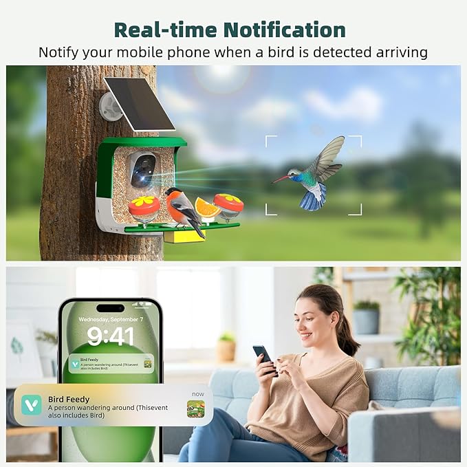 Smart Bird Feeder with Camera Solar Powered - 2K HD Live Video Camera AI Identify Birds, Visible Window Auto Capture& Motion Detection -Instant Arrival Alerts, Birds Lover Gifts