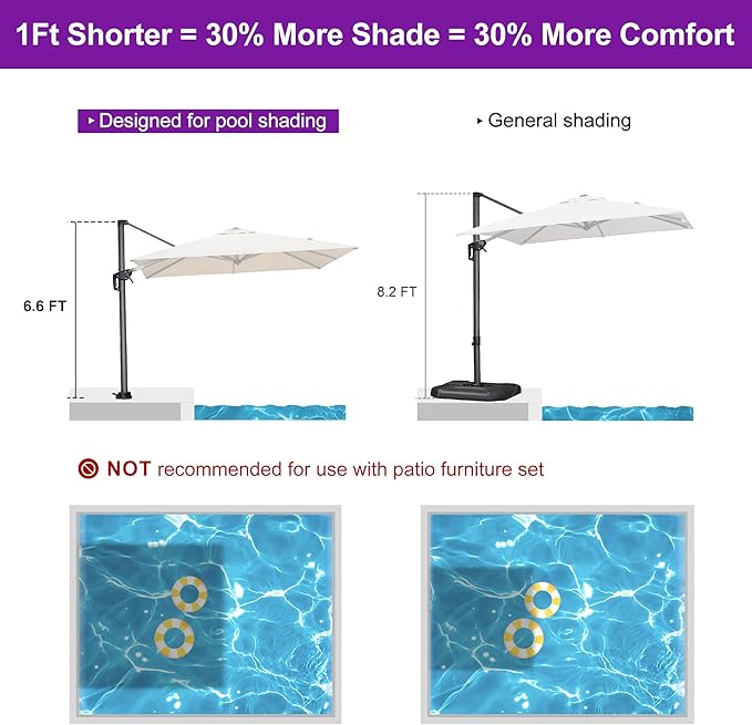 PURPLE LEAF 8' X 8' Patio Umbrella with In-ground Base for Pool 7' High Offset Outdoor Cantilever Umbrella Swimming Pool Umbrella with 360°Rotation for Poolside Beige