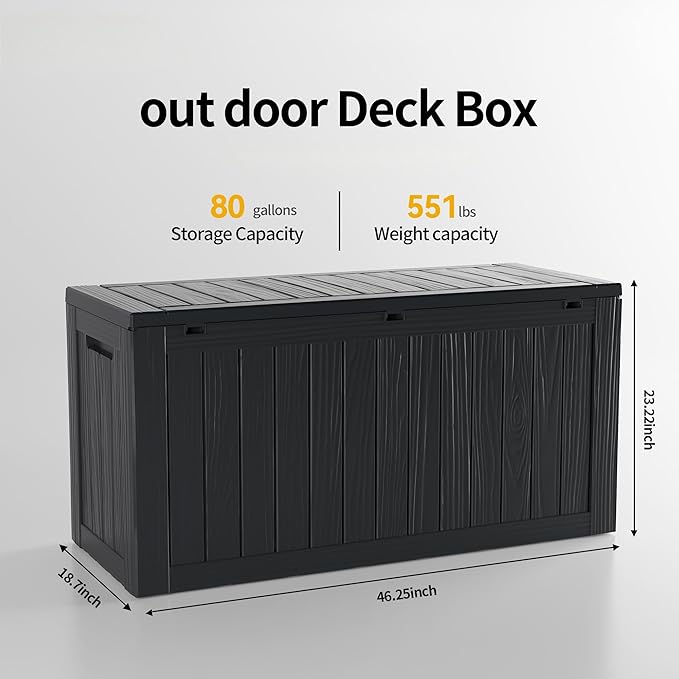 80 Gallon Resin Deck Box, Waterproof Outdoor Storage Bin for Patio Furniture, Pool Accessories, and Garden Tools, Lockable & UV-Resistant, Black