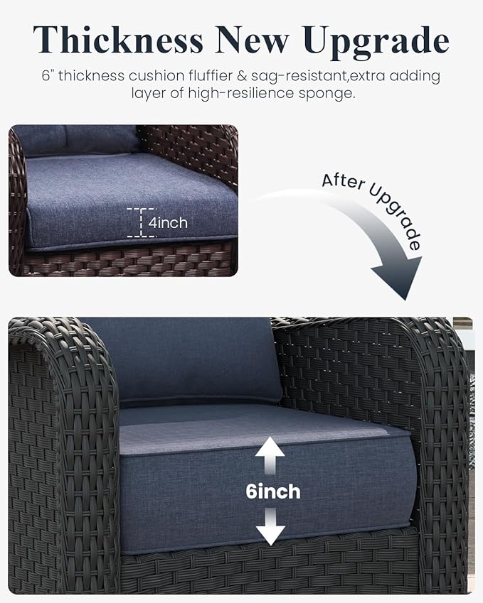 LayinSun 3 Piece Wicker Outdoor Furniture Set with 6-inch Comfy Cushions, High Back Patio Furniture Set with Rattan Armchairs and Side Table