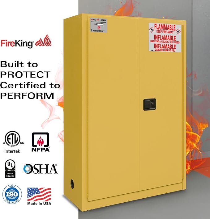 FireKing Yellow Flammable Safety Cabinet, Flammable Liquids Storage Cabinet, 45 Gallon Steel Safety Cabinets with Manual Door for Commercial, Industrial & Home Use, 43" x 18" x 65"
