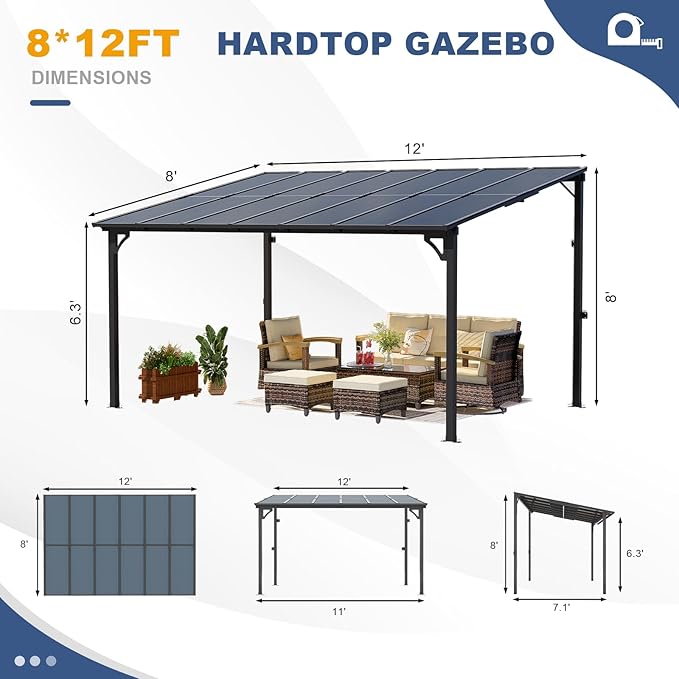 MEISSALIVVE 8' x 12' Wall Mounted Pergola, Lean to Metal Awnings, Sloped Roof Patio Gazebo Awning, Black
