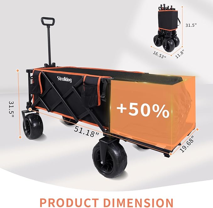 51" L Beach Wagon with 9" Sand Wheels,260L Collapsible Beach Cart with Rear Tailgate,Heavy Duty Wagon for Sand, Camping, Fishing and Sport,Black