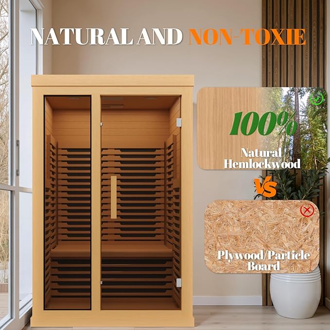 Far Infrared Wooden Sauna Low EMF- 2 Person Personal Sauna for Home Use, Full Spectrum Infrared Sauna, Dual Tempered Glass & Bluetooth Speakers - Indoor Sauna 2000W, Brown
