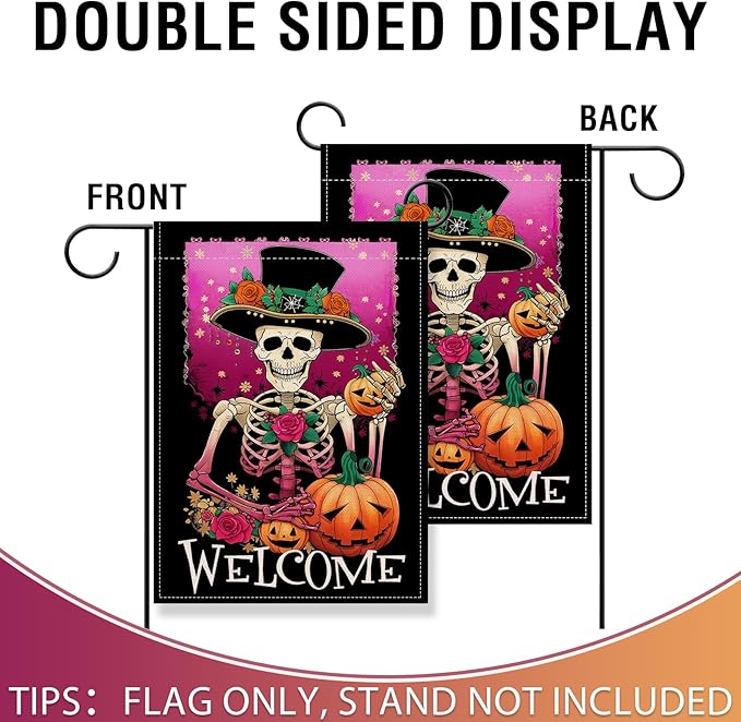 Artofy Welcome Halloween Gothic Skeleton Small Decorative Garden Flag, Pink Horror Skull Jack O Lantern Pumpkin Yard Lawn Outside Decor, Scary Flowers Burlap Outdoor Home Decoration Double Sided 12x18