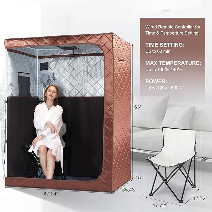 2 Person Portable Infrared Sauna, Oversize Full Body Home Sauna Spa for Relaxation & Detox, Dry Heated Saunas Tent with Remote Control, 2 Foldable Sauna Chairs(L 47.24" x W 35.43" x H 62.99")