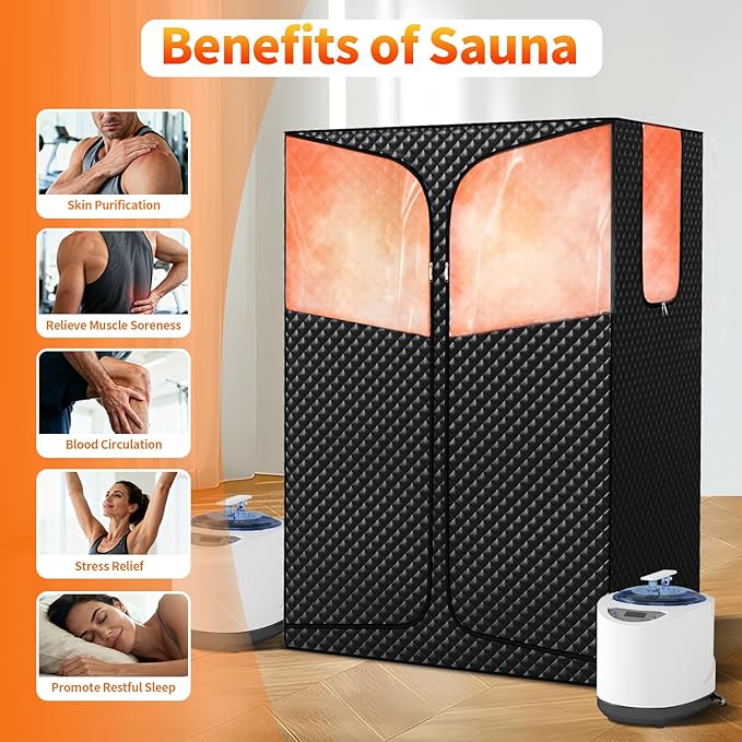Portable Steam Sauna Box for Home, Infrared Sauna Tent with 3L Steam Generator, Remote Control, 9 Temperature Levels, 99 Minute Timer, Indoor 2 Person Sauna with Foldable Chair for Home Spa,Black