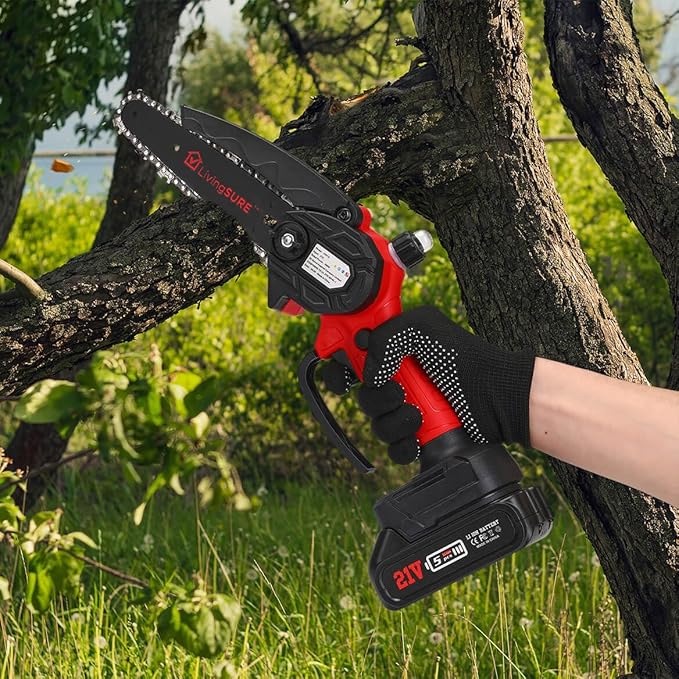 LivingSURE Mini Cordless Rechargeable Chainsaw Kit – 21V Handheld Electric Saw with 2 Batteries, Safety Features & Accessories – Lightweight 6" Bar for Tree Trimming, Firewood & Garden DIY Tasks