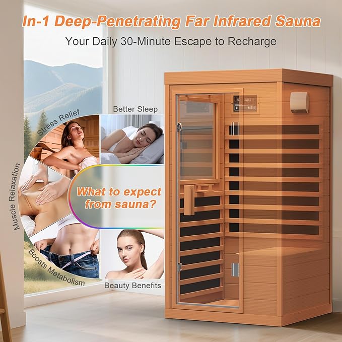 Far Infrared Sauna, Canadian Hemlock Wood Sauna Spa Room for Indoor,1062W 110V Low EMF Saunas with Control Panel and Integrated Speakers, Mini Home Sauna Room for One Person (Red Wood)