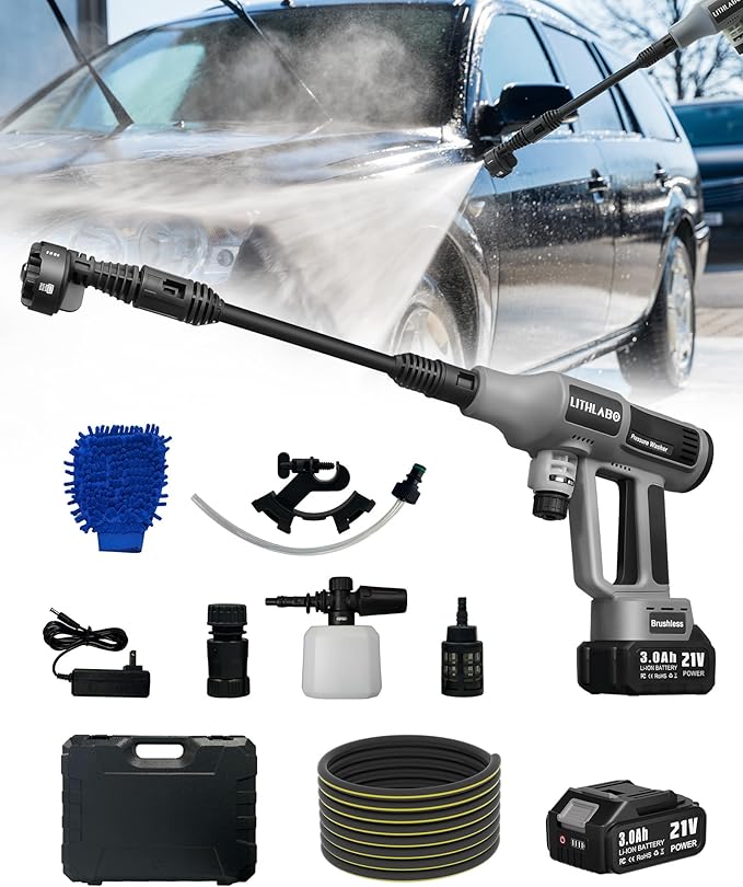 Cordless Pressure Washer 1080PSI Portable High-Pressure for Car Wash Outdoor Cleaning, 6-in-1 Adjustable Nozzle,Battery & Adaptor Included (2X 3Ah)