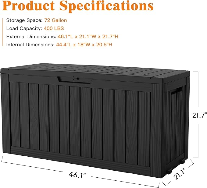 Outdoor Storage Box, Deck Box Waterproof 72 Gallon, Resin Outside Storage, Storage Bin for Package Delivery, Patio Furniture Cushion, Pool Accessories, Weatherproof and UV Resistant, Black
