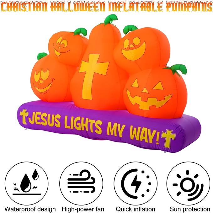 Chivao 5 ft Halloween Christian Inflatable Pumpkins Decoration for Outdoor Jesus Lights My Way Inflatable Pumpkins Trunk or Treat Blow up Yard Decor Halloween with LED for Garden Lawn Holiday Decor