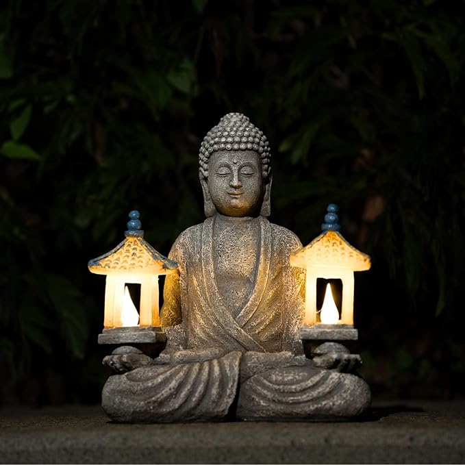 Meditating Buddha Statue with Solar Lights, Zen Garden Decor for Home, Patio, Yard, Outdoor – Unique Gift for Women and Friends(Two Pavilions)