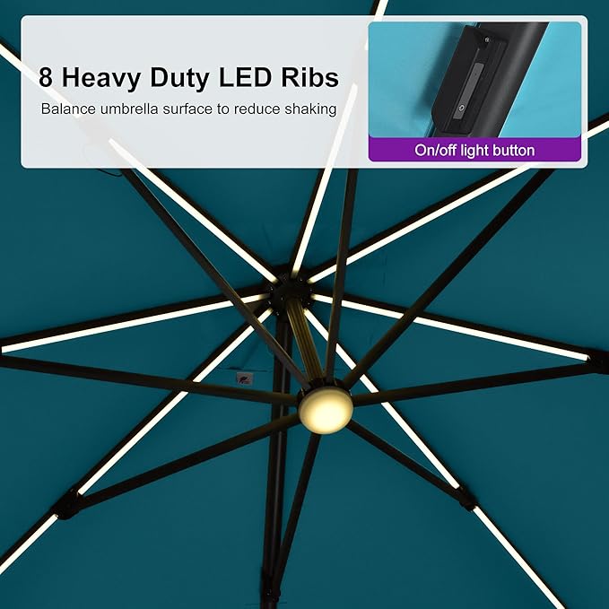 PURPLE LEAF 10 Feet Patio Umbrella Outdoor Cantilever Solar Powered LED Swivel Square Umbrella Aluminum Offset Umbrella with 360-degree Rotation for Garden Deck Pool Patio, Turquoise Blue