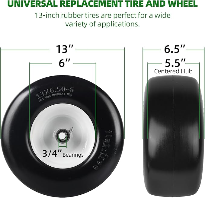 AR-PRO (2-Pack) 13x6.50-6 Flat Free Tire and Wheel - Universal 13x6.5-6 Solid Rubbe Riding Lawn Mower Tire with Rim - With 5.5"-7.8” Centered Hub and 3/4" Bearings extra 5/8" 1/2” Bushings