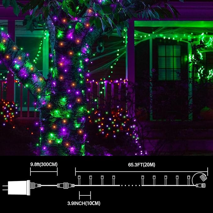 66ft Halloween Decorative Mini Lights, 200 LED Transparent Wire Fairy Starry String Lights Plug in, 16 Lighting Modes for Halloween Outdoor Party Decoration (Orange/Purple/Green)