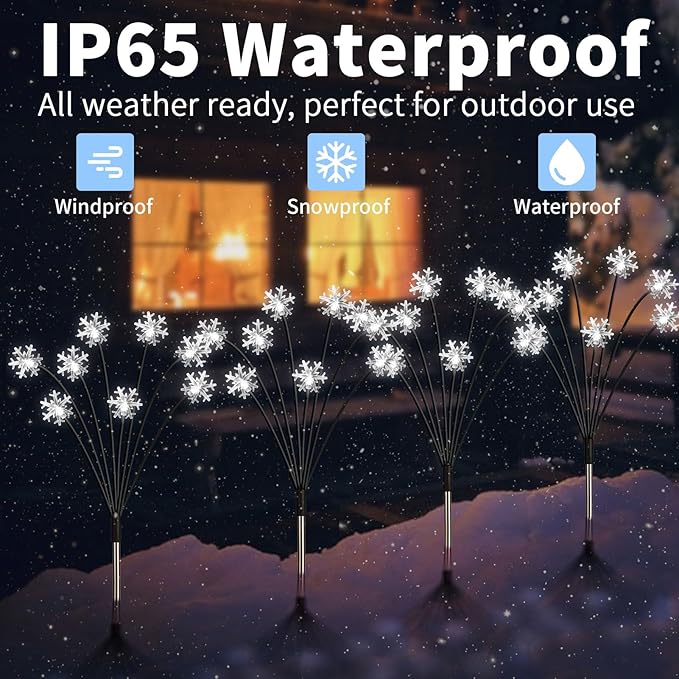 Set of 4 Snowflake Solar Christmas Decorations, 8 Modes Swaying Garden Lights, Outdoor Pathway Solar Christmas Stake Lights, Upgraded Base on Firefly Light for Lawn Decor (White)