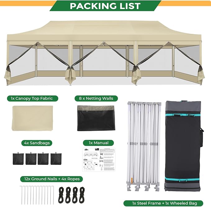 COBIZI 10x30 Heavy Duty Pop Up Canopy Tent with 8 Sidewalls, Commercial Gazebo Party Tent with Mosquito Netting Wall Easy Set Up Outdoor Instant Screen Tent for Backyard, Patio, Garden, Khaki
