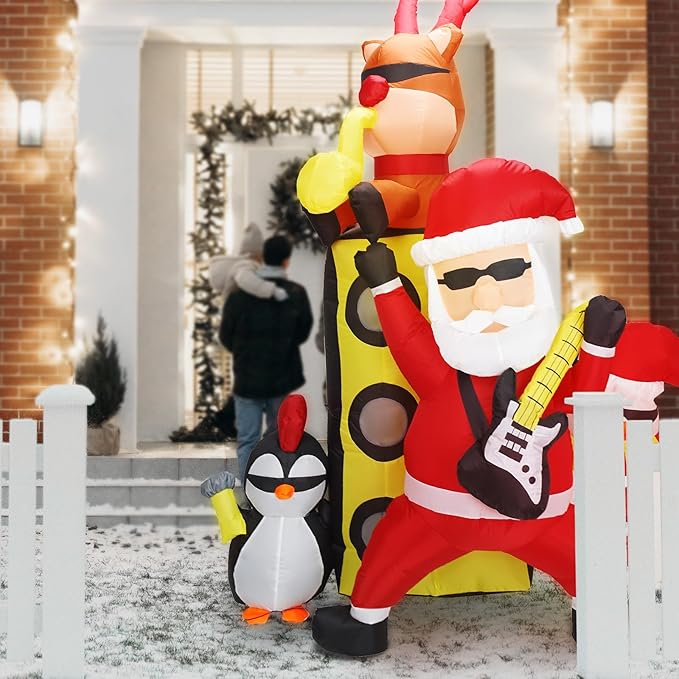 Bonus Bluetooth Speaker! 7FT H Christmas Inflatable Santa with Friends Reindeer& Penguin&Snowman Holding Concert, Animated Christmas Inflatable with Build-in LED Lights fo Christmas Decor
