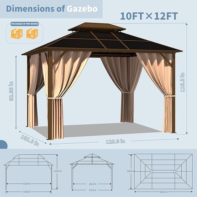 Kingdura Hardtop Gazebo 10'x12' with Double Polycarbonate Roof Canopy, Outdoor Gazebo with All-Weather Resistant Aluminum Frame Permanent Pavilion, UV Blocking for Patio Lawn Garden