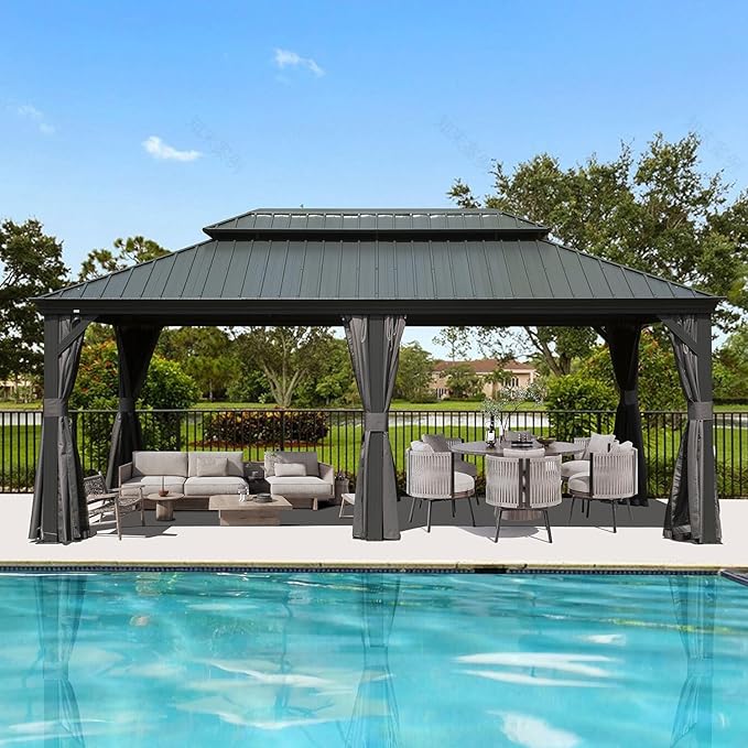 Domi 12' X 20' Hardtop Gazebo Large Outdoor Metal Gazebo with Galvanized Steel Double Roof Canopy, Aluminum Frame, Curtains and Netting for Patio, Deck, Garden, Grey