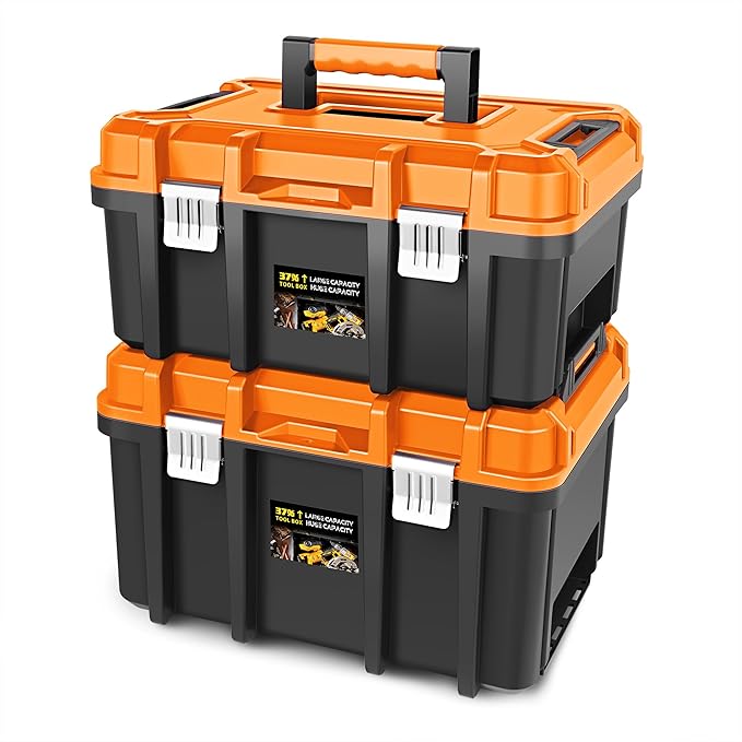 ‎DNA MOTORING 2pcs Tool Boxes Set - Lockable Organizer Storage Portable Toolbox with Removable Tray for Workshop Garage & Household, Large Capacity, TOOLS-00310-OG
