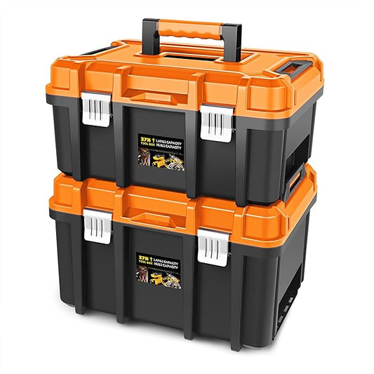 ‎DNA MOTORING 2pcs Tool Boxes Set - Lockable Organizer Storage Portable Toolbox with Removable Tray for Workshop Garage & Household, Large Capacity, TOOLS-00310-OG