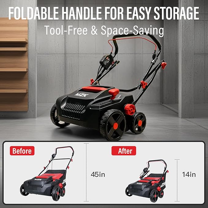 MZK 15-inch 2-in-1 Electric Dethatcher and Scarifier w/Removeable 5-Position Height Adjustment,Lawn dethatcher w/12-Gallon Thatch Collection Bag,Keep Lawn Health,(DS15A06)