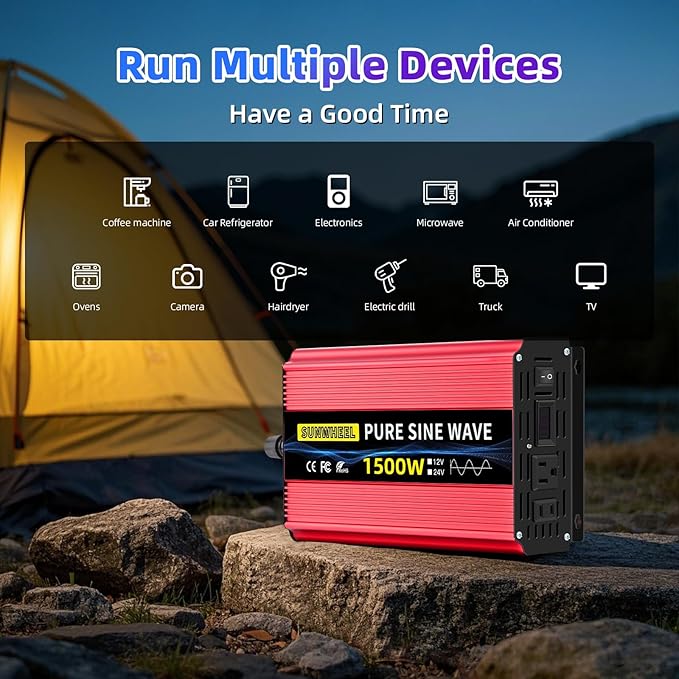SUNWHEEL 1500W Pure Sine Wave Inverter, 12V DC to 110V/120V AC Power Inverter for RV、Microwave、Off Grid、Truck、Refrigerator with 2 AC outlets and LCD Display