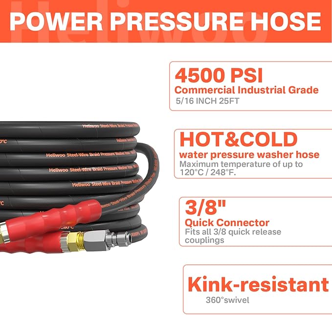 5/16" Pressure Washer Hose 25 FT, Commercial Industrial Grade Steel Wire Braided Kink Proof Extension Hose with 3/8 Quick Connect 4500 PSI