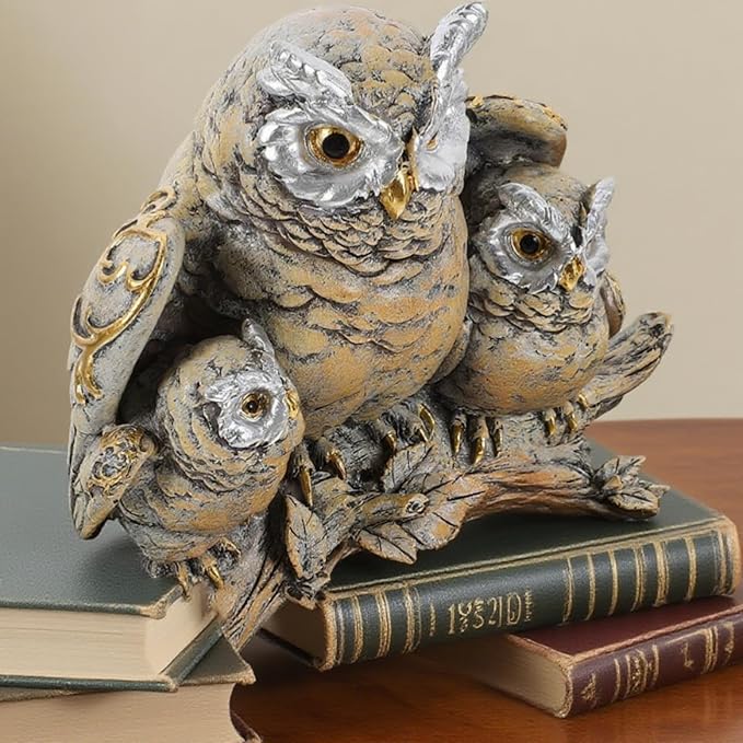 Resin Owl Statue with Spread Wings - Outdoor Garden, Patio, Office Decor Figurine: Family Parent & Two Baby Owls on Base (Grey-Black)