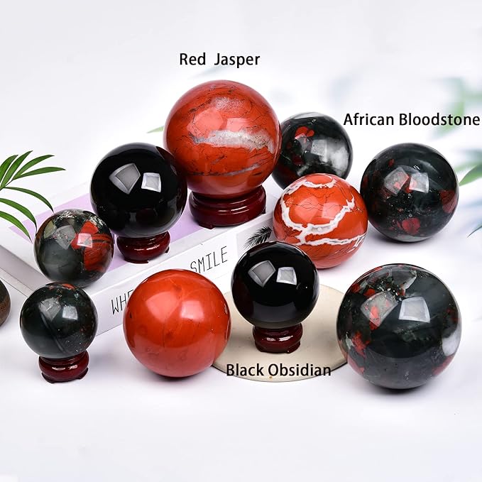 JIC Gem Large Healing Crystal Ball with Decoation Stand African Bloodstone Gemstone Sphere Ball for Meditation Energy Reiki Ball (90-100mm)