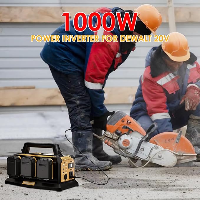 1000W Power Inverter for Dewalt 20V Battery,Compatible Battery Charger of 6 Ports Each 6A,20V to 110V Pure Sine Wave Inverter with 3 USB-A/Type-C/DC Port, Light,Cigarette Lighter Socket for Emergency