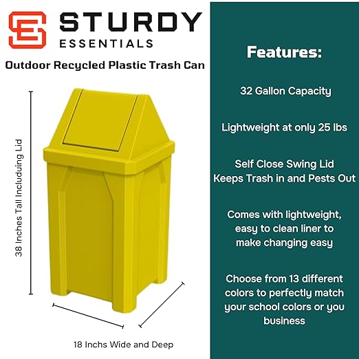 32 Gallon Square 100% Recycled Plastic Heavy Duty Outdoor Commercial Trash Can with Swing Top Lid | Great for Schools and Businesses - Yellow