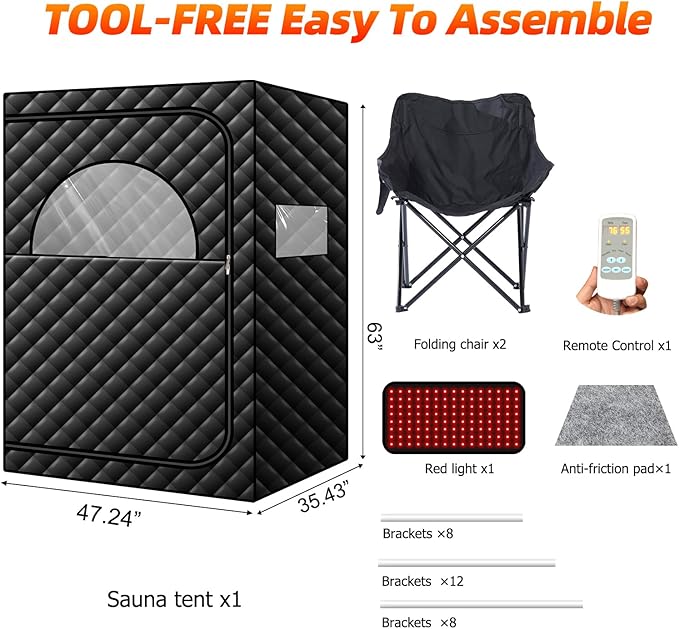 Portable Infrared Sauna with Red Light Therapy Lamp, 2 Person Steam Saunas Tent with 2 Large Folding Chairs, Remote Control, Dry Heated Indoor Home Spa for Gym/Pilates/Garage
