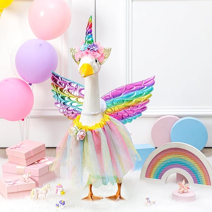 Abbylike Unicorn Goose Outfits Halloween Porch Goose Costume for 23'' Cement Statue Unicorn Headband Tutu Skirt and Wing for Party Outdoor Yard Lawn Garden Patio Decor