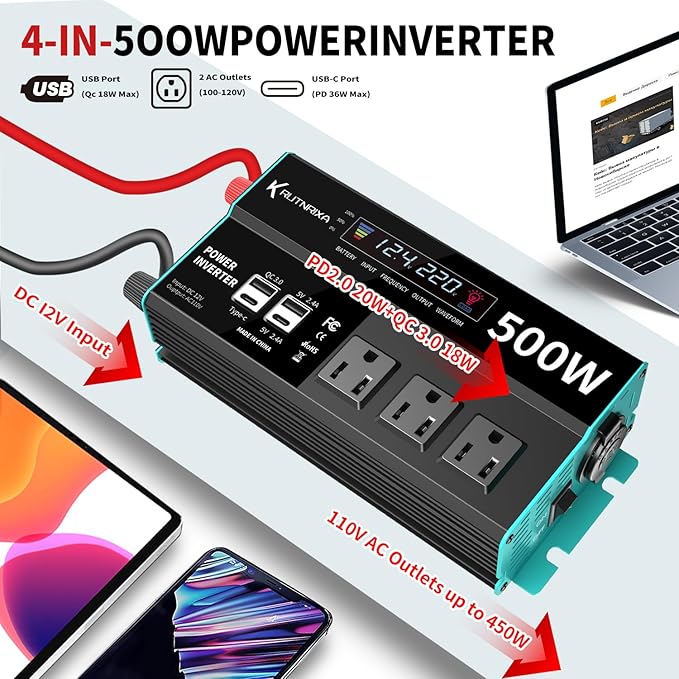 Power Inverters 12V DC to 110V AC Converter for Vehicles USB-C/PD 25W Fast Charging Ports Car Charger Adapter with a Cigarette Lighter Ports Plug Outlet (Modified sine wave-500W)