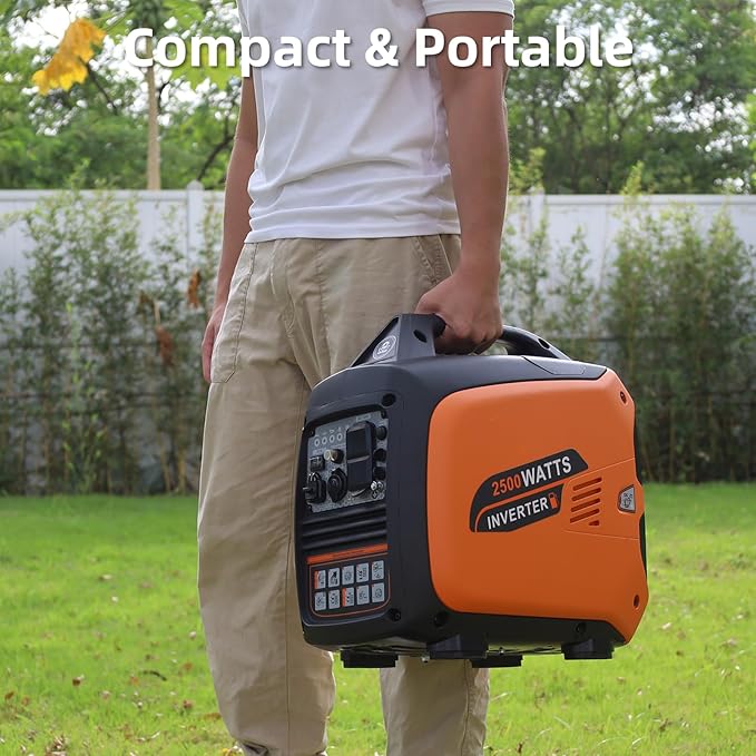 Portable Inverter Generator 2500W Gas Powered, Long Runtime Gas Generators for Home Use, Camping, Super Quiet Emergency Home Backup, with CO Sensor, EPA Compliant