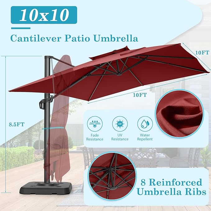 HOTIME10x10ft Patio Umbrella Cantilever Umbrella Double Top - Upgrade and Intensify - 360 Rotation and 5 Angles Adjustment - Aluminum Offset Pool Umbrella Outdoor Umbrellas for Patio Garden Deck Pool