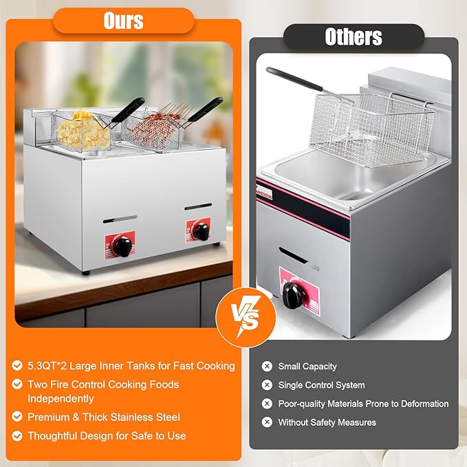Stainless Steel Deep Fryer with Frying Baskets and Lid, 12.7QT/12L Capacity Countertop Deep Fryer Oil Frying Pot Kitchen Frying Machine Table Snack Fryer Double Cylinder Gas Fryer (LPG)