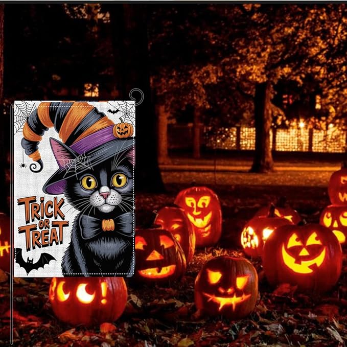HTBIG Halloween Black Cat Garden Flags, Halloween Trick or Treat Decor, Yard Flags for Outside 12x18 inch, Outside Yard for Home Decorations