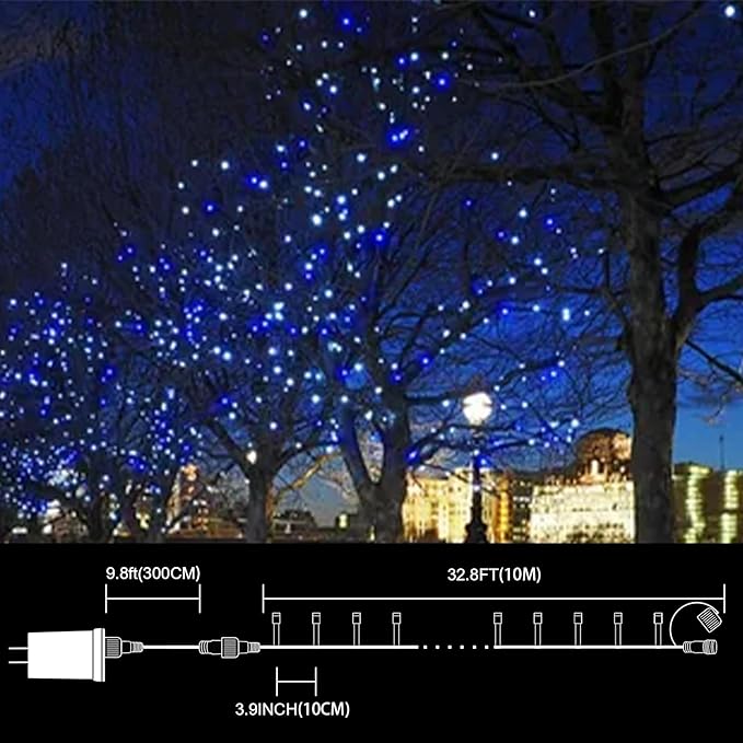 33ft Christmas Decorative Mini Lights, 100 LED Transparent Wire Fairy Starry String Lights Plug in, 16 Lighting Modes for Outdoor Xmas Tree Wedding Party Decoration (White+Blue)