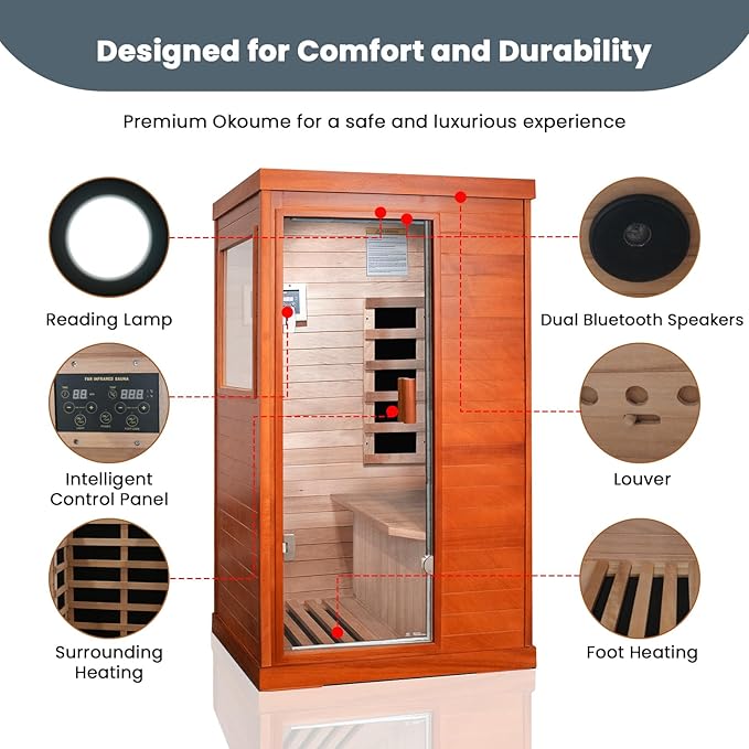 Sauna, Far Infrared Saunas for Home One Person Sauna Okoume Wood 800W/110V Low Emf Dry Sauna Indoor Sauna Room with Tempered Glass Door/Speakers/Air Hole and LED Lighting - 35.2 * 27.6 * 61.6 in
