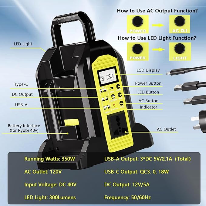Power Inverter for Ryobi 40V Battery, 350W 2-Port Battery Converter DC 40V to AC 120V, Portable Generators with LED Light, 6 Output Ports, LCD Display for RV Camping, Emergency, Power Outages