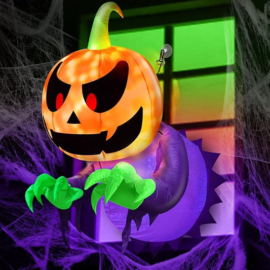 TURNMEON 4 Ft Inflatable Halloween Window Decoration, Blow Up Pumpkin Ghost Broke Out from Window Built-in Multicolored Changing Lights, Halloween Decor for Outdoor Home Party Yard Garden Lawn
